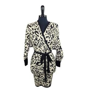 Mainstrip Leopard Print Faux Wrap Sweater Dress Mini Dolman Sleeve S